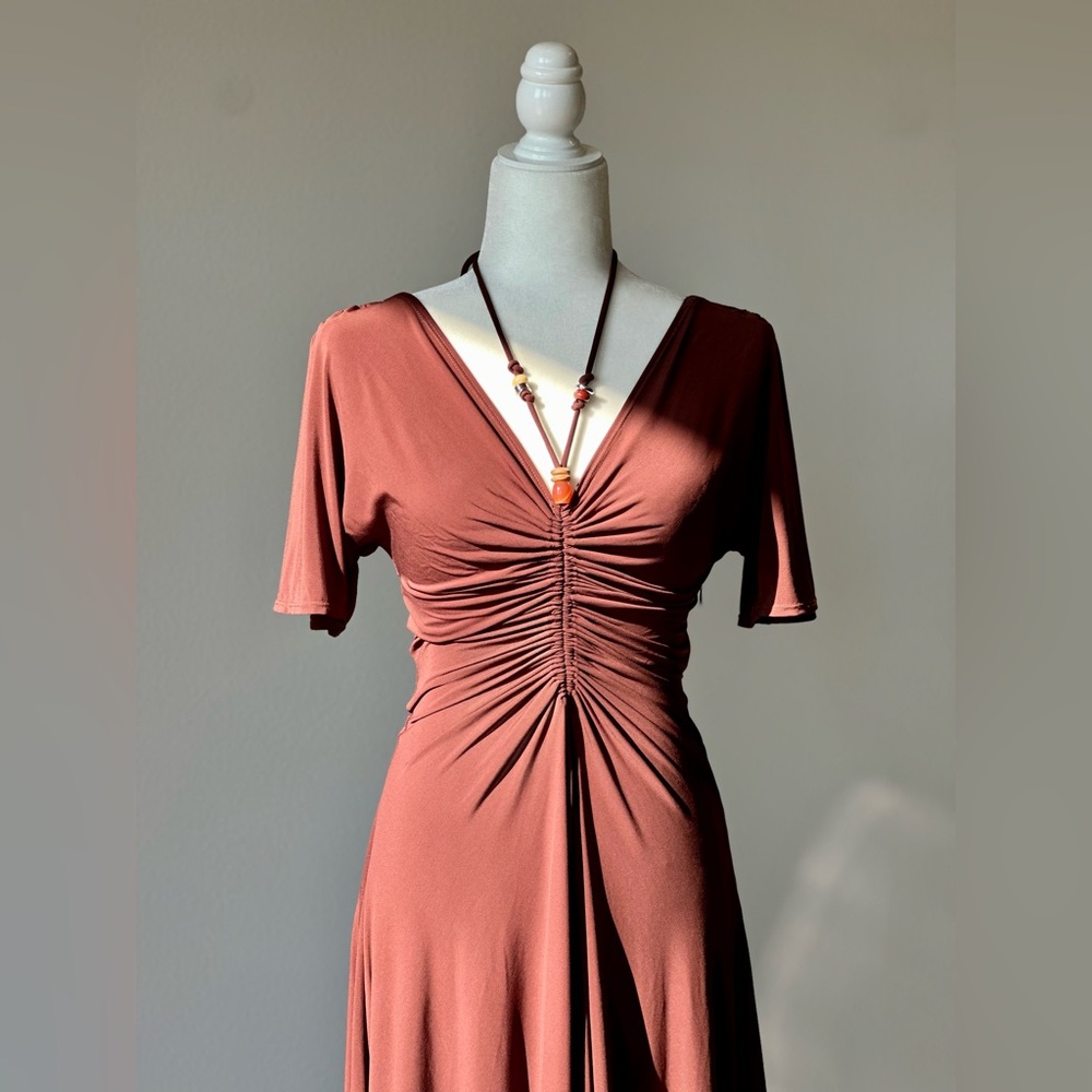 Brand New A.L.C. Women's Brown Nina Ruched Beaded V-Neck Maxi Dress
